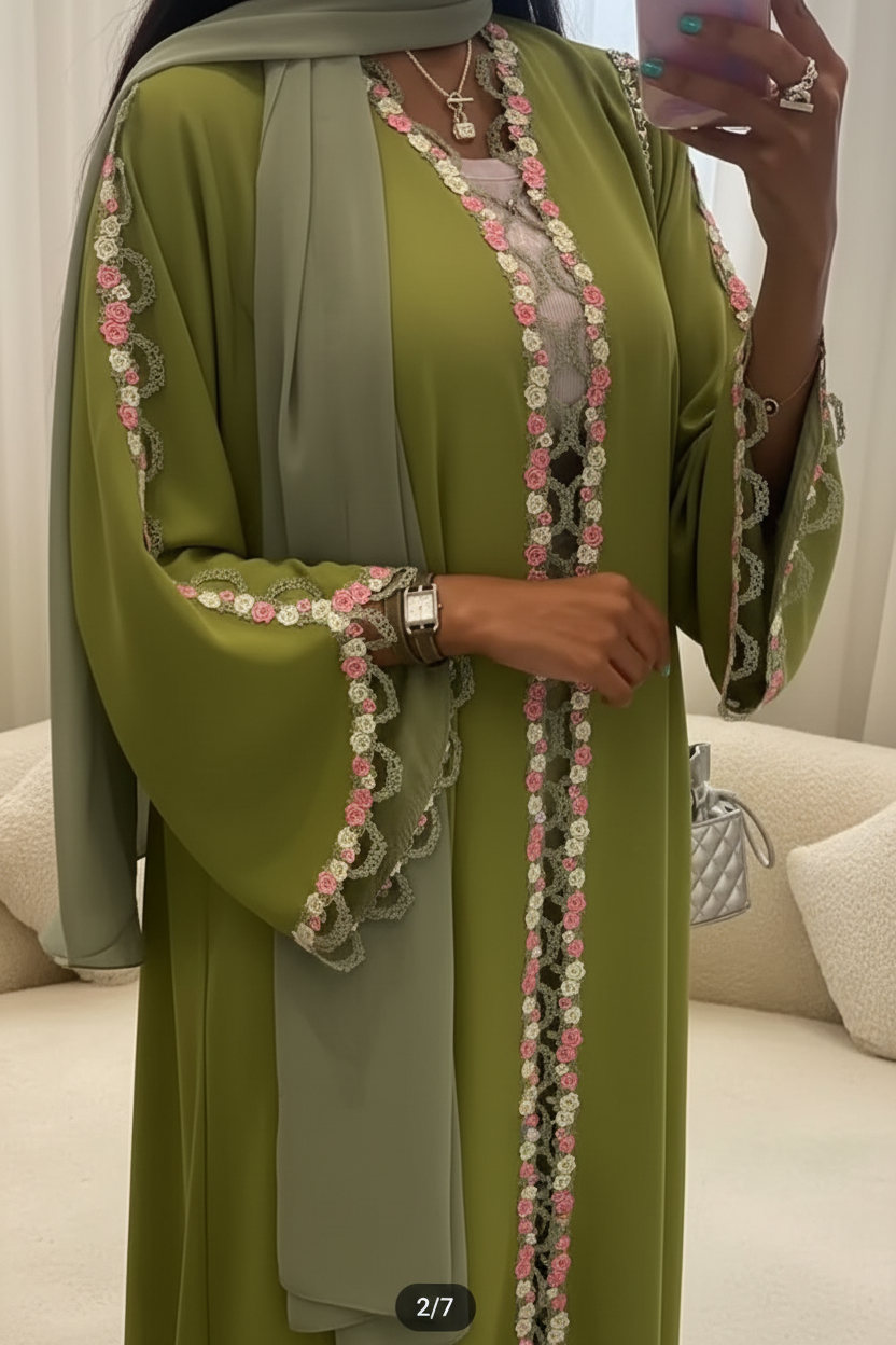 Meadow Pistachio Lace Floral Abaya + Matching Hijab