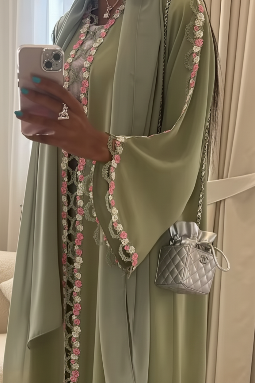 Meadow Pistachio Lace Floral Abaya + Matching Hijab