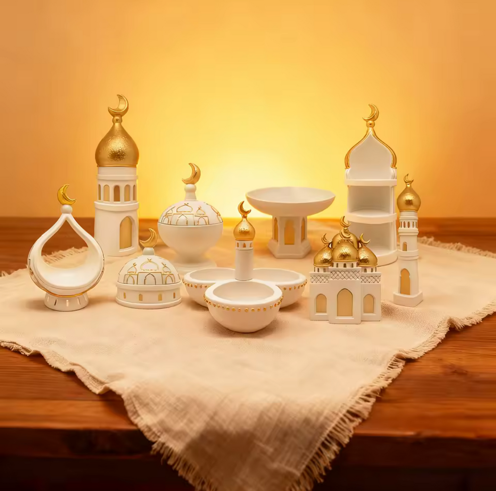 White & Gold Islamic Arched Pedestal Bowl Speckled Decorative Offering Dish