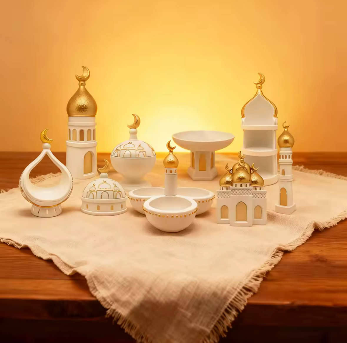 Gold & White Islamic Tabletop Organizer Mosque Minaret Display Shelf