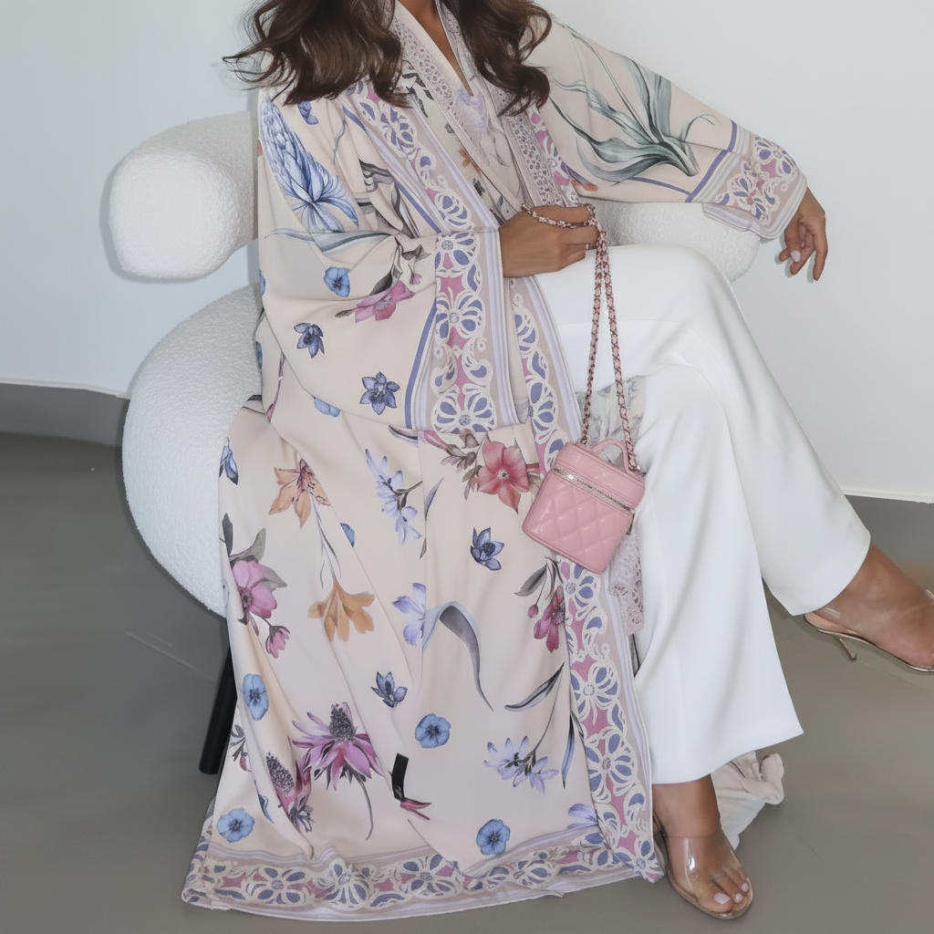 Creamy Floral Print Open Abaya + Matching Hijab
